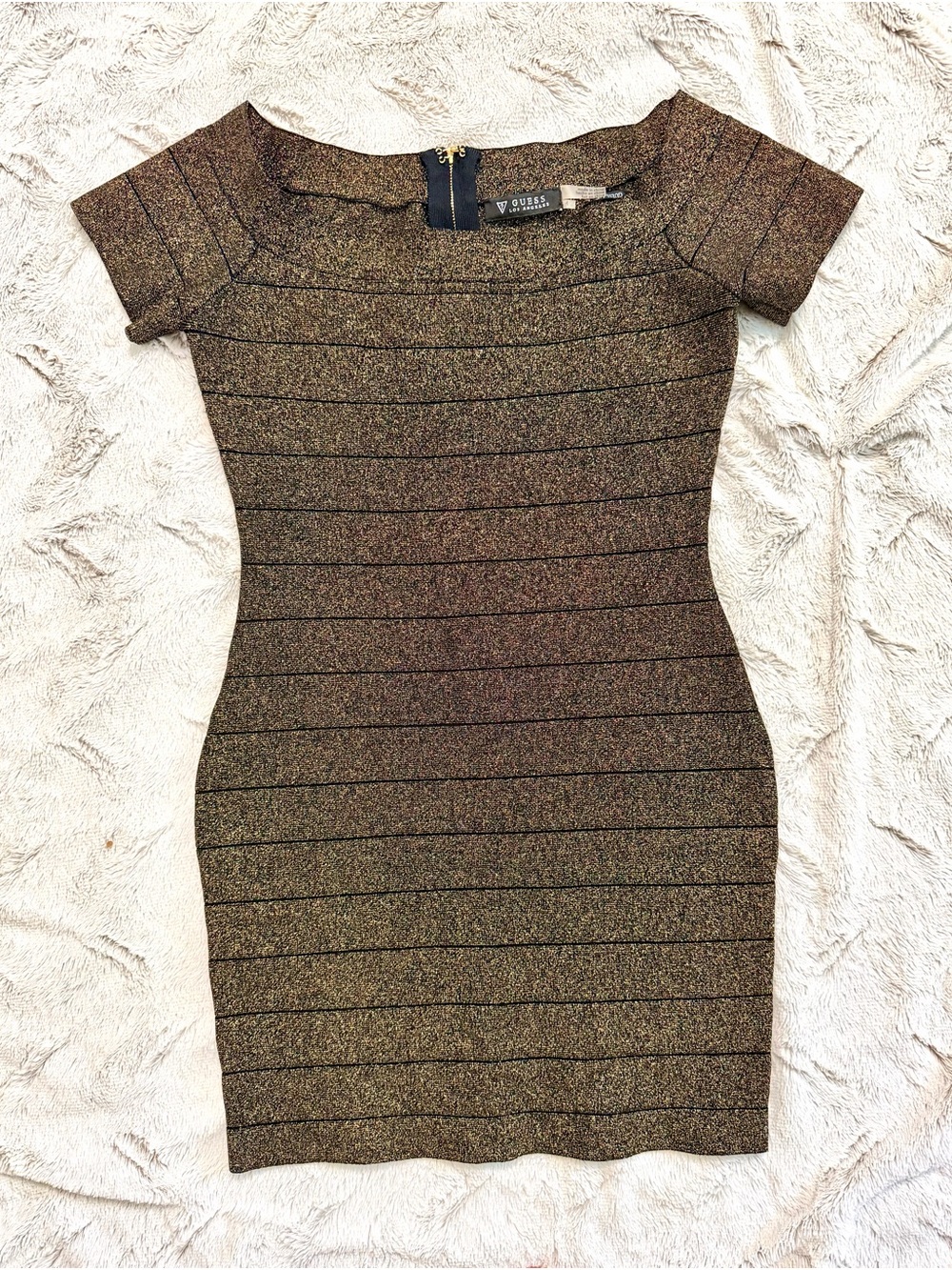 Guess by Marciano Metallic Bronze Black Striped Bodycon Mini Dress Size 4
